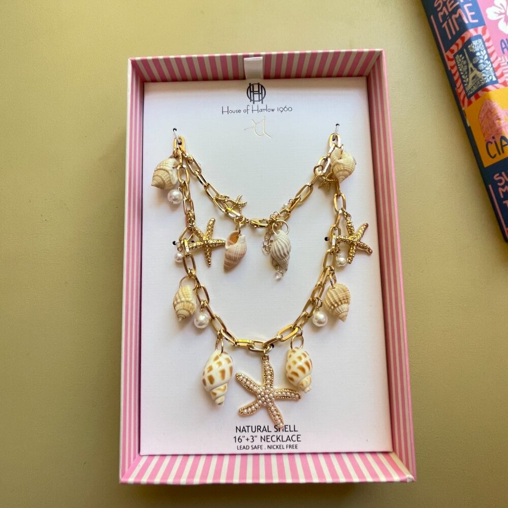 New House of Harlow 1960 Necklace Gold Shells Pearls Beach in Box